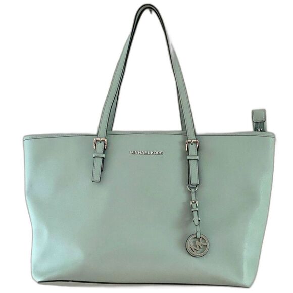 $495 Michael Kors Travel Baby Blue Leather Jet Set Functional Tablet Tote Bag - Picture 1 of 15